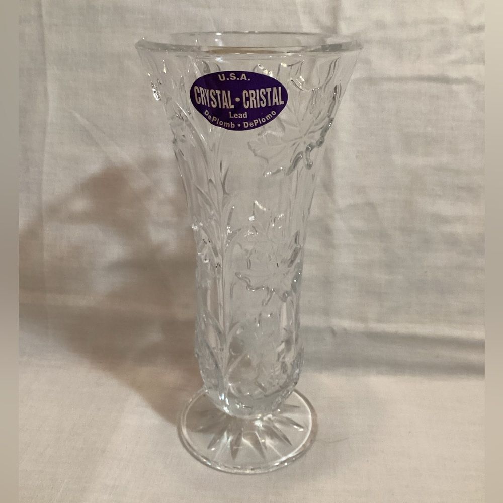 Deplomb Vintage Lead Cut Crystal Flower Vase Maple Leaf Pattern Heavy Weight